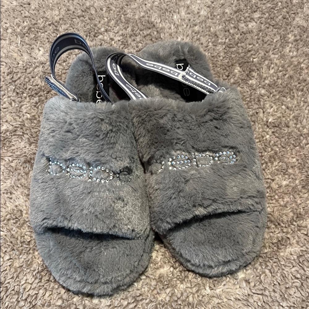 Bebe Gray Fuzzy Slide Sandals with Logo Strap